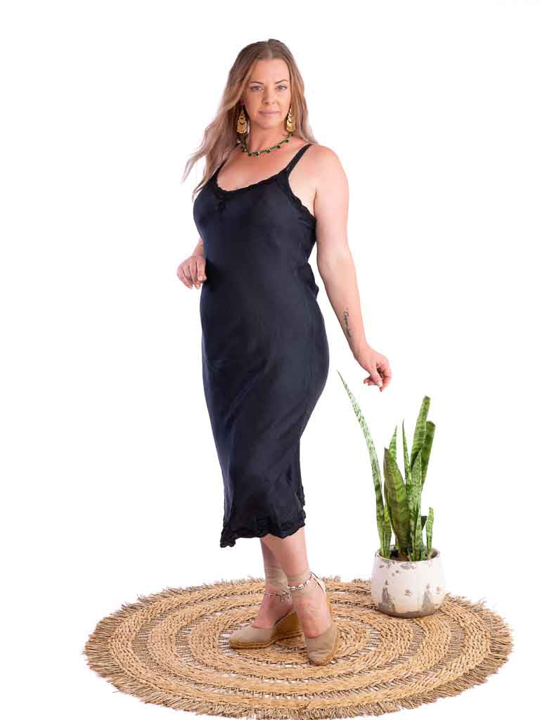 Silk Satin Luxe Embroidered Long Slip Deep  Indigo