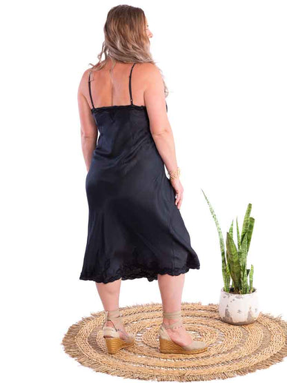 Silk Satin Luxe Embroidered Long Slip Deep  Indigo