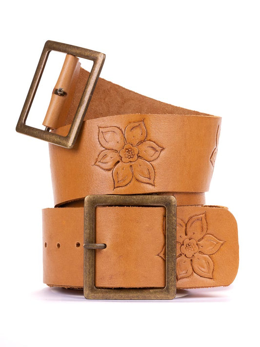 Fleur Hand Tooled Leather Wide Belt with Bone Buckle
