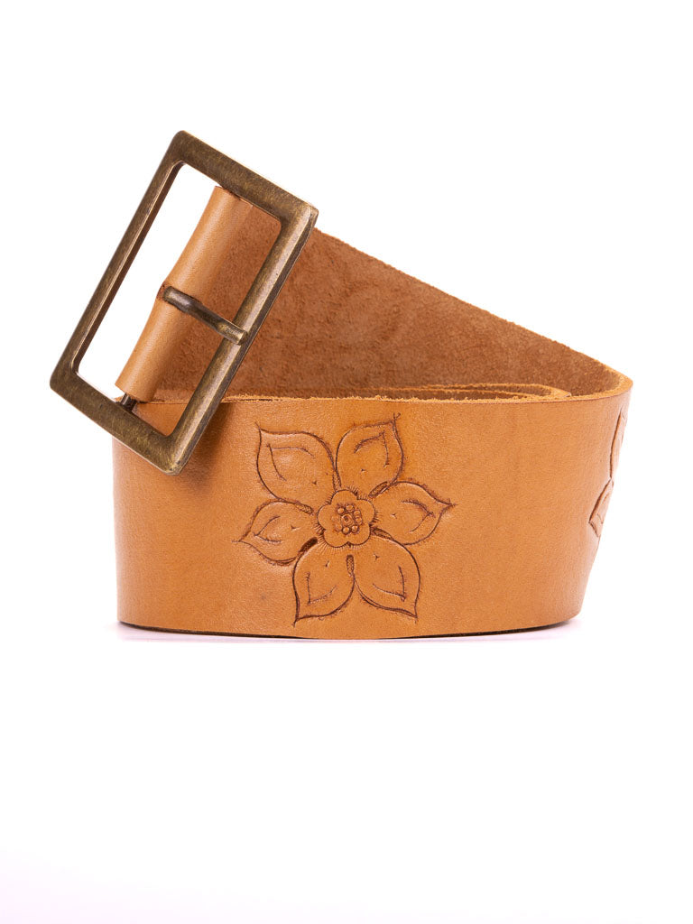 Fleur Hand Tooled Leather Belt Wide with our classic t-bar bronze buckle