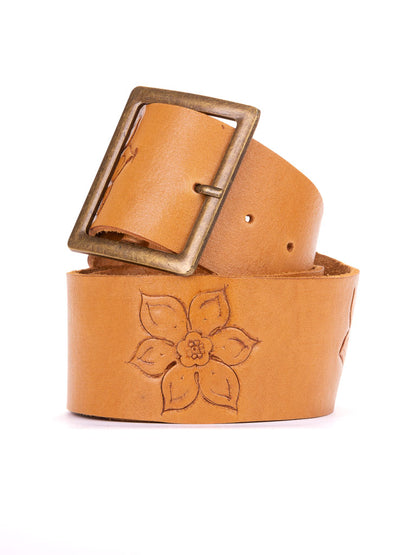 Fleur Hand Tooled Belt Wide Bronze t-bar Buckle