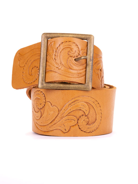 Sharif Hand Tooled Belt Wide - a wide belt with hand tooled scroll design and a large rectangle brass buckle