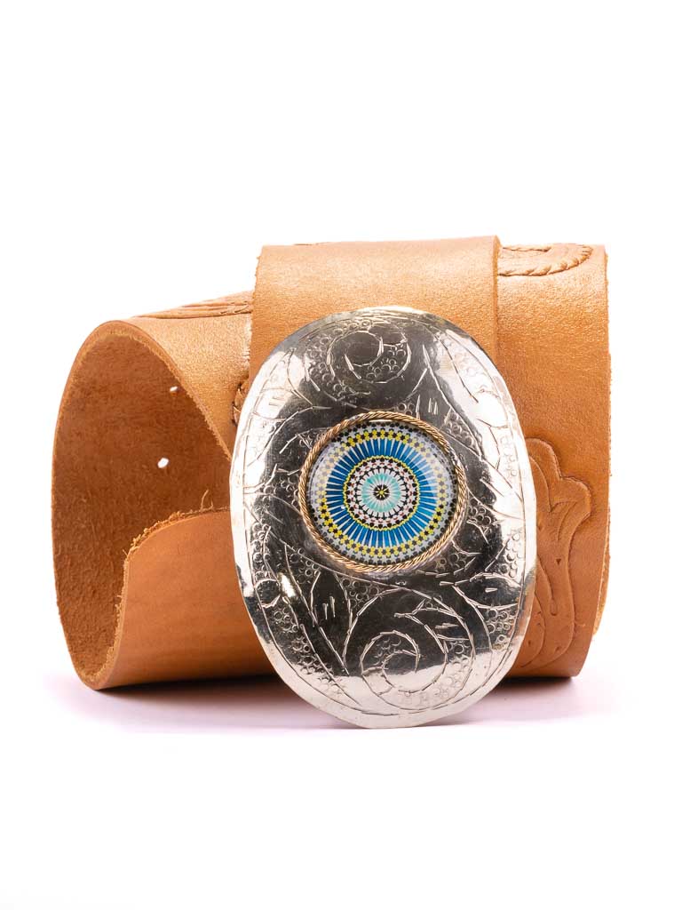 Scroll Hand Tooled Wide Belt with Mandala Buckle Scroll Hand Tooled Wide Belt with Mandala Buckle
