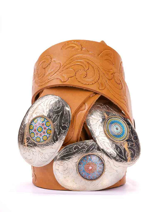 Scroll Hand Tooled Belt Wide with unique mandala inset into our beaten buckles.  Beautifully hand-crafted by our master craftsman in Marrakech these give a vintage vibe to any outfit