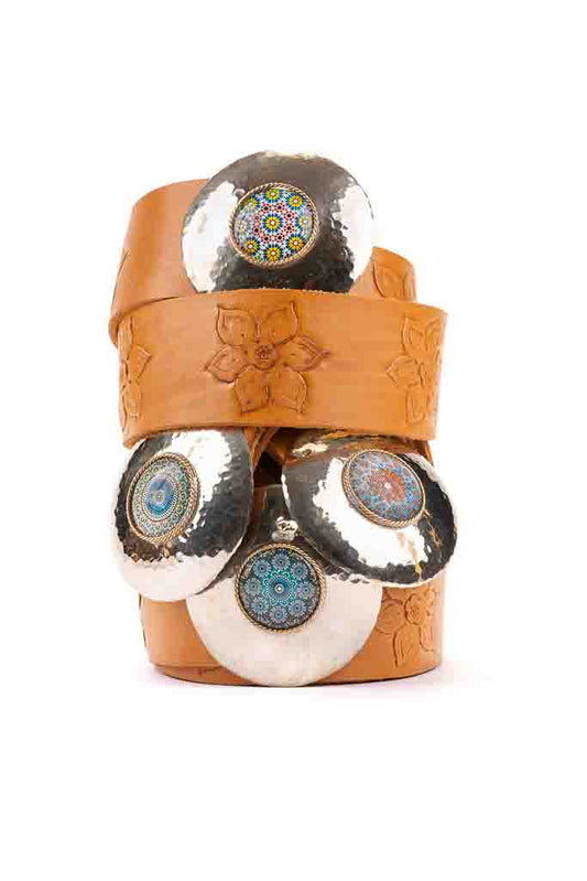 Fleur Hand Tooled Leather Wide Belt with Bone Buckle