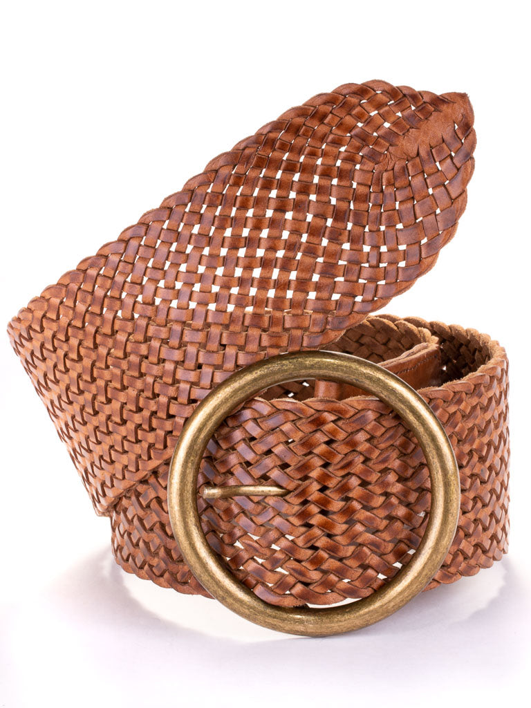Wide woven tan coloured leather, with a  round brass buckle.