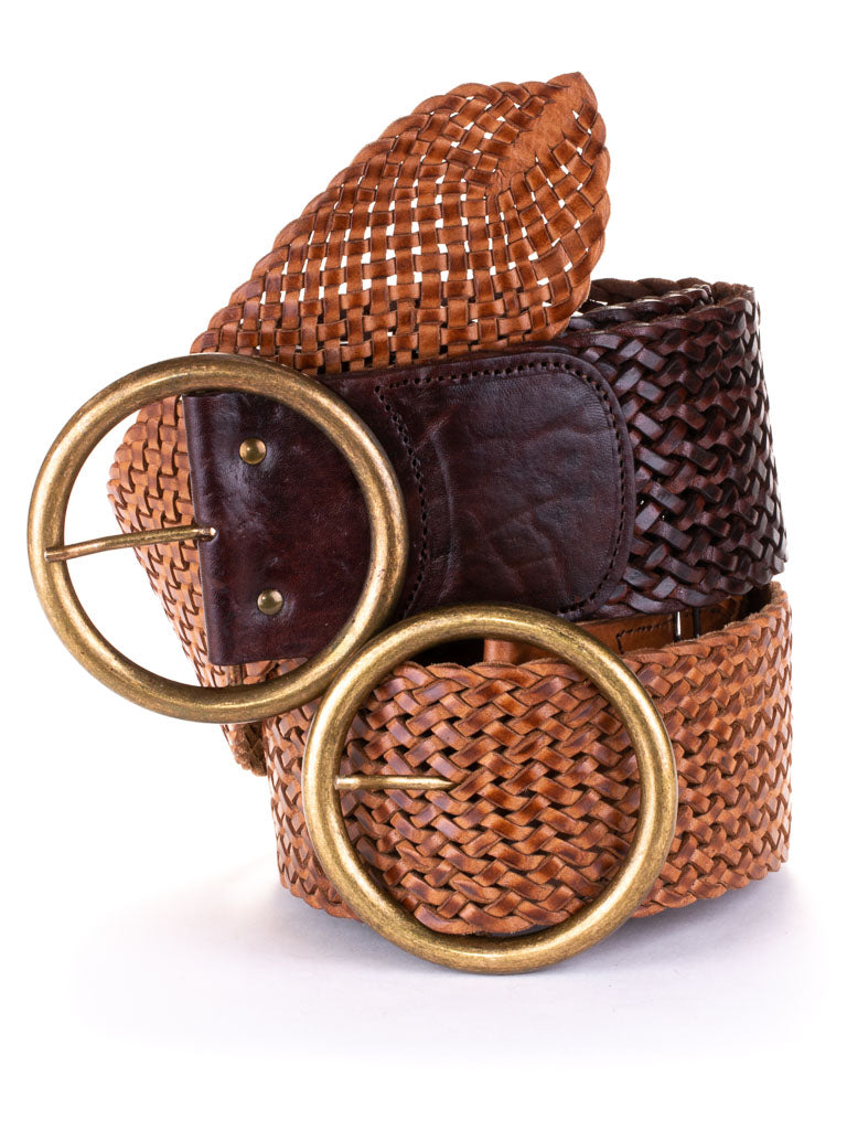 Tan and chocolate coloured leather woven belts , with round brass buckles.