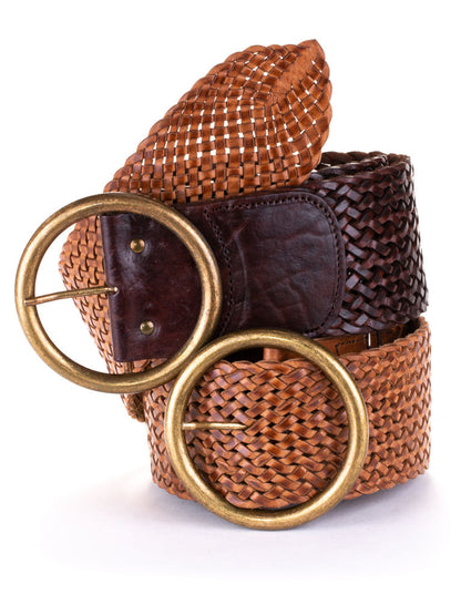 Tan and chocolate coloured leather woven belts , with round brass buckles.