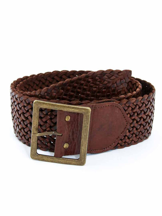 Chocolate woven leather belt with t-bar buckle