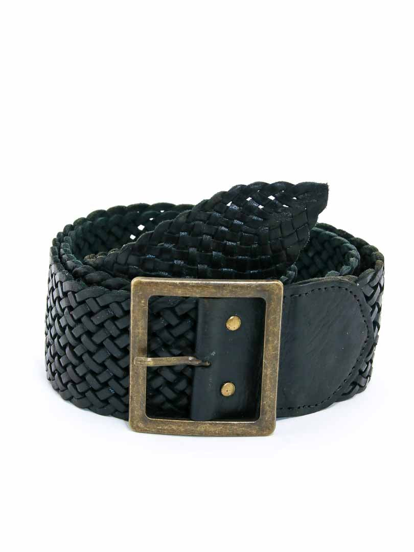 Black classic woven wide leather belt with t-bar buckle