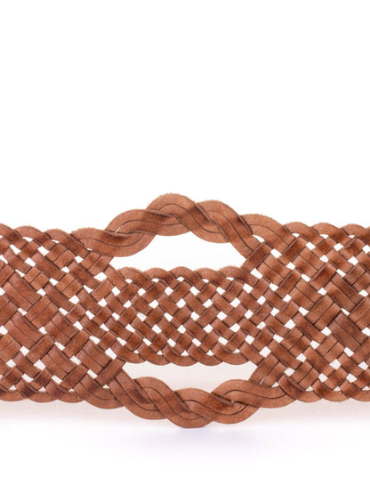 close up of tan coloured wide woven leather belt with an oval buckle.