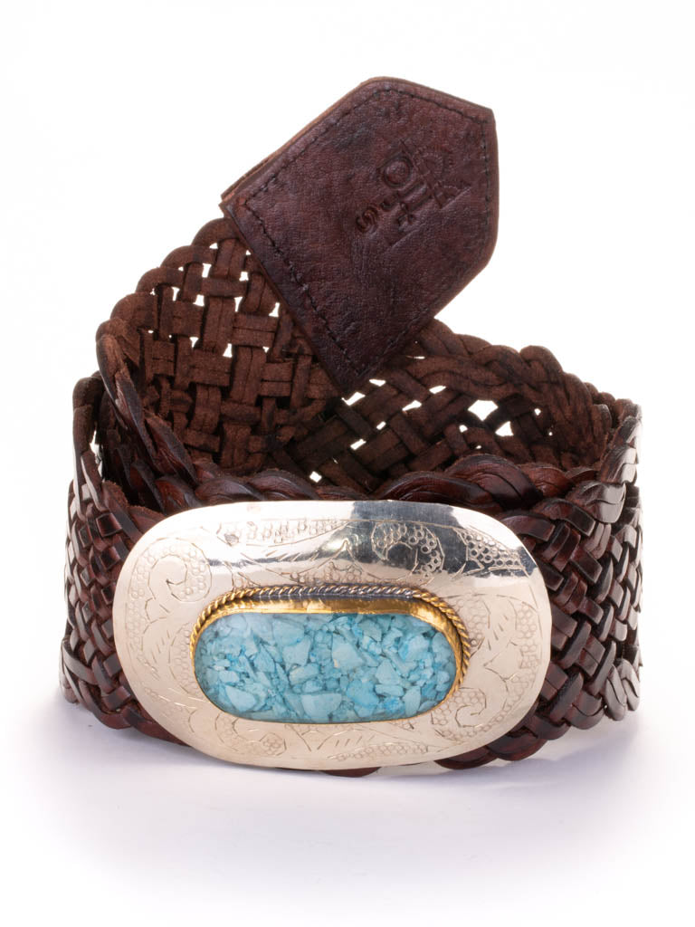 Chocolate coloured wide woven leather belt with an oval buckle.