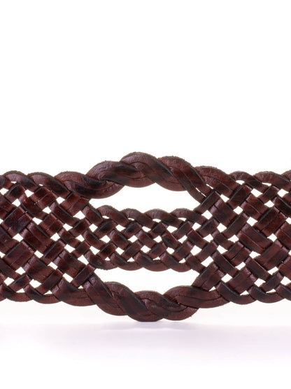close up of chocolate coloured wide woven leather belt with an oval buckle.