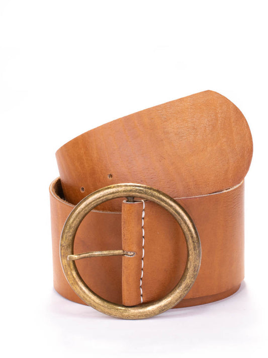 round brass buckle on a wide tan leather belt