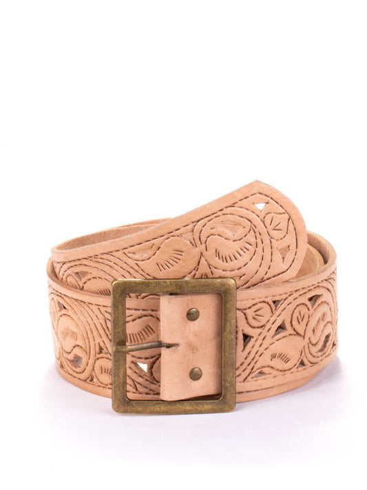 Hand tooled belt with a vine or 'scroll' pattern, made with natural leather colour tan.