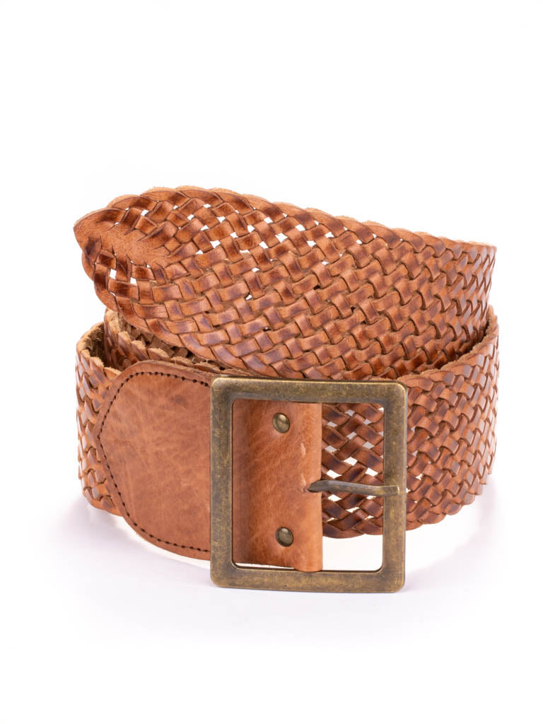Wide woven leather belt with brass buckle