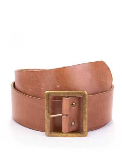 Plain tan leather belt with a brass T bar buckle.