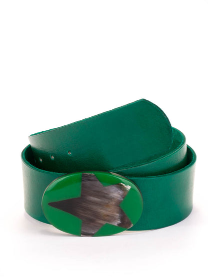Oval shaped Bone and resin buckle on a green leather belt.