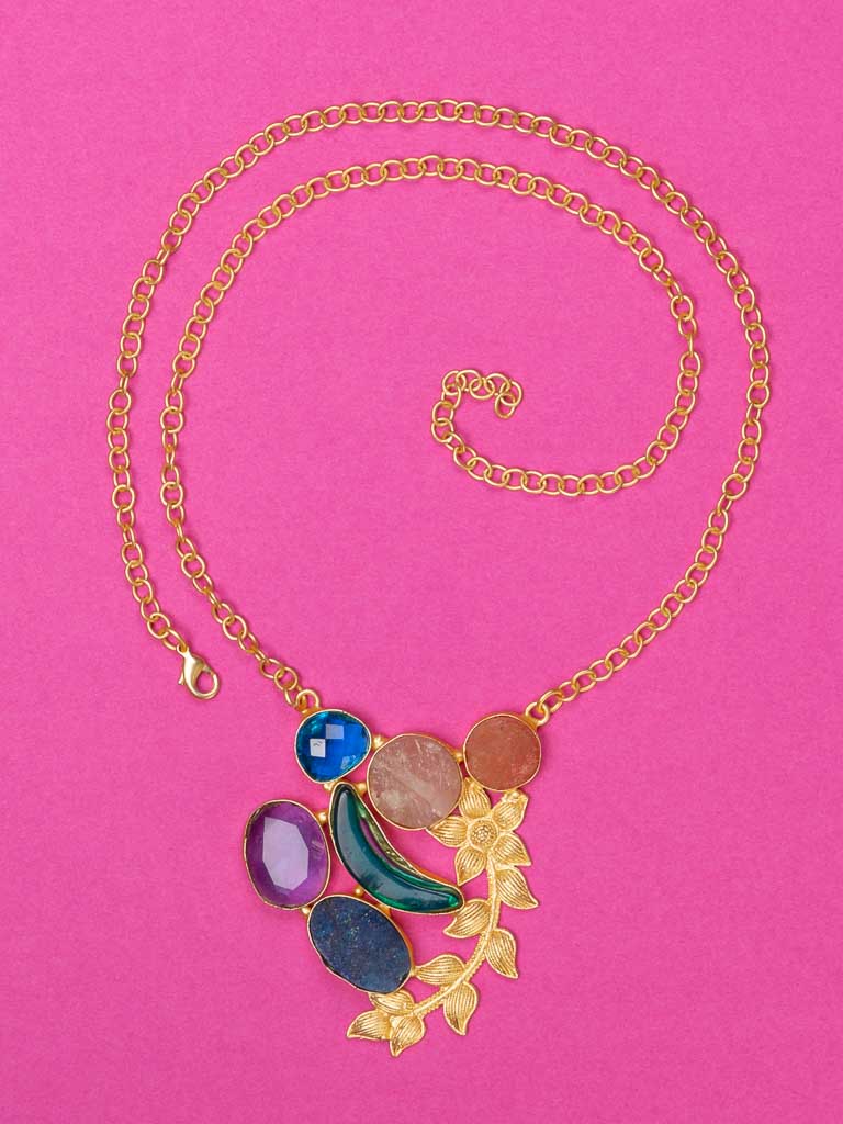 necklace set with semi precious stones and glass ,  quality gold plated chain and setting.