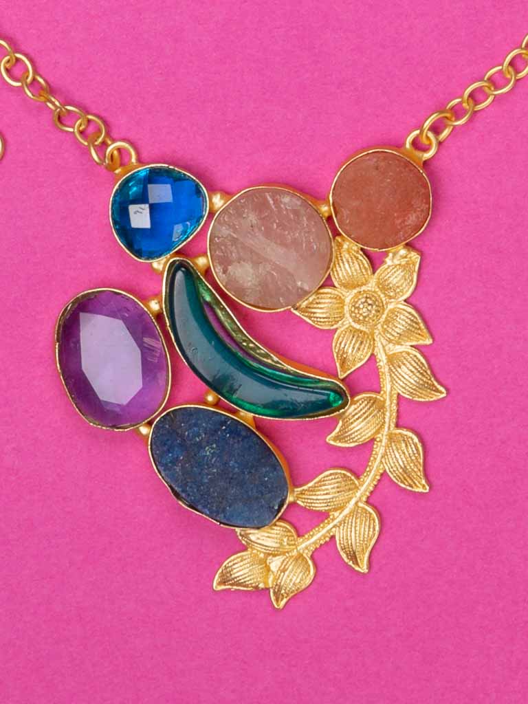 necklace set with semi precious stones and glass ,  quality gold plated chain and setting.