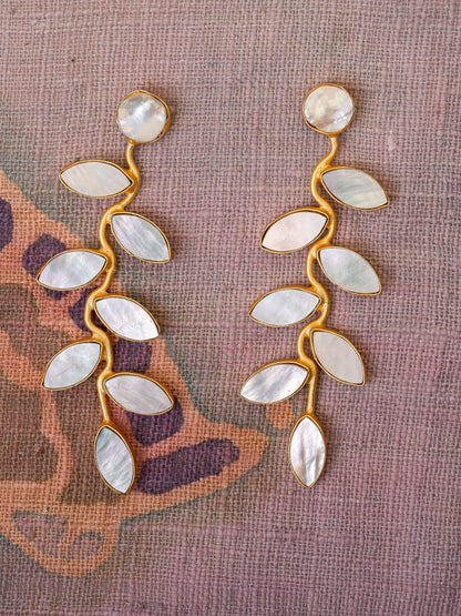 Gold luxe statement earrings ivy vines with mother or pearl