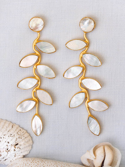 Gold luxe statement earrings ivy vines with mother or pearl