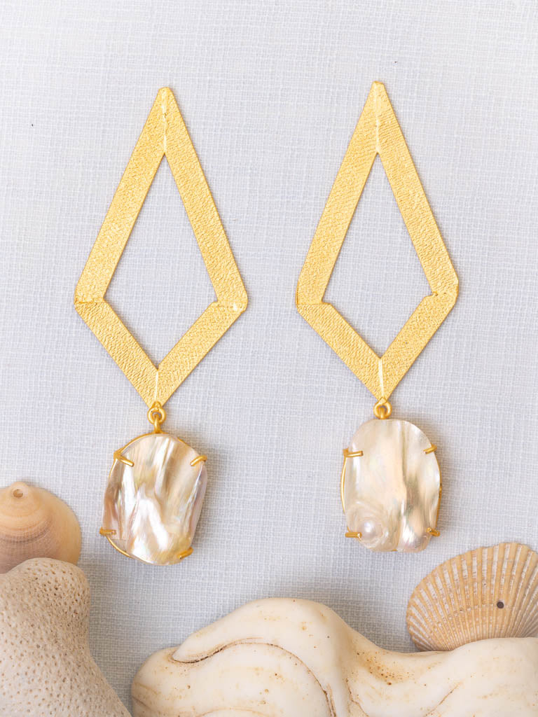 Diamond Shaped Pearl Gold luxe statement earrings