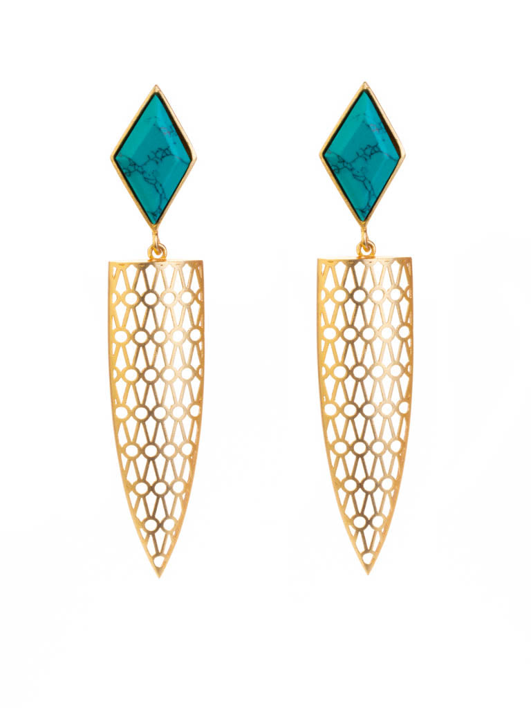 Gold luxe statement earrings. Faceted Turquoise arch with detailed diamond filigree. Stud back.