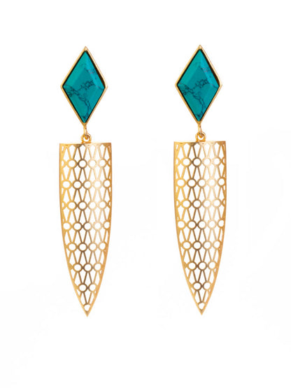 Gold luxe statement earrings. Faceted Turquoise arch with detailed diamond filigree. Stud back.