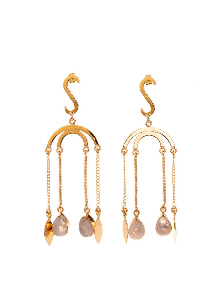 Gold earrings with moonstone drops on a chandalier style stem