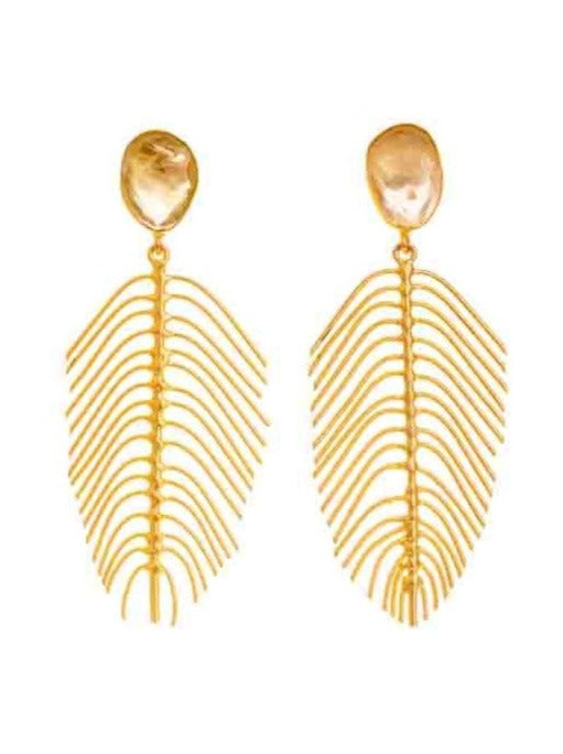 Gold luxe statement earrings - feather shape with faceted lemon quartz. 