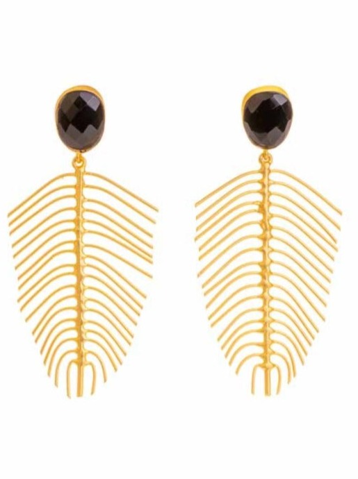 Gold luxe statement earrings - feather shape with faceted onyx.  Stud back 
