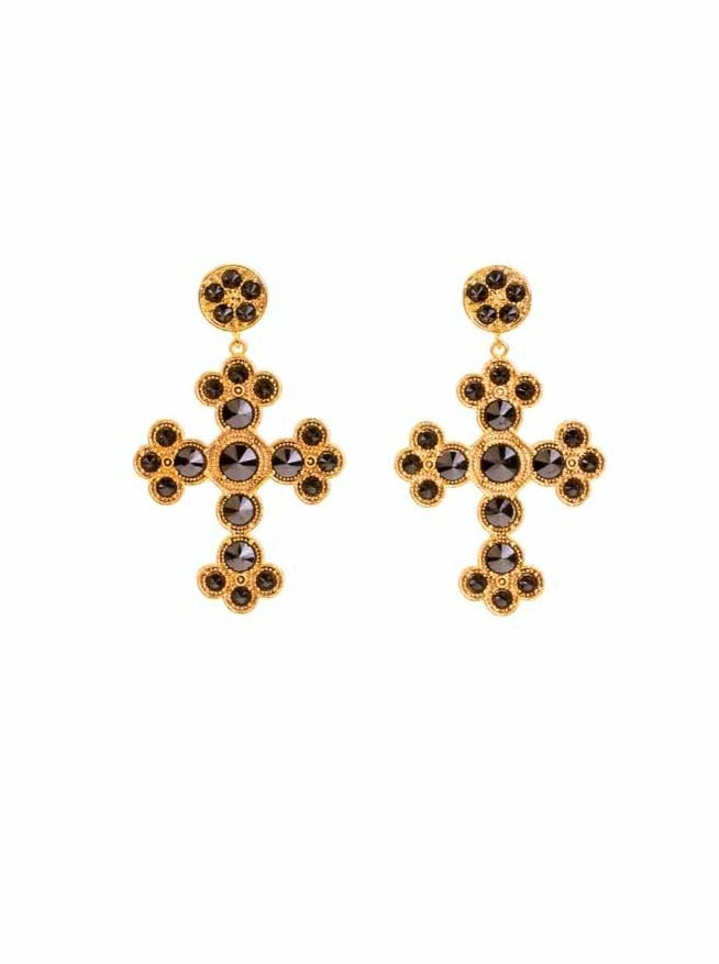 Gold luxe statement earrings. Faceted cubic zirconias in jet black on a gothic cross with stud back  