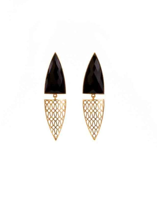 Gold luxe statement earrings. Faceted jet black arch with detailed diamond filigree