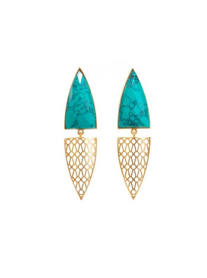 Gold luxe statement earrings. Faceted turquoise arch with detailed diamond filigree. Stud back.