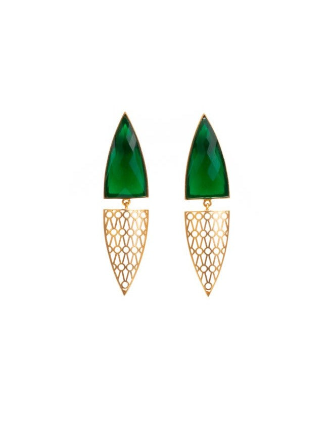Gold luxe statement earrings. Faceted emerald green arch with detailed diamond filigree.
