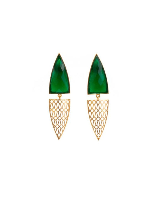 Gold luxe statement earrings. Faceted emerald green arch with detailed diamond filigree.