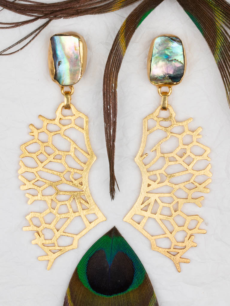 Paua shell and gold coral design earrings with peacock feather