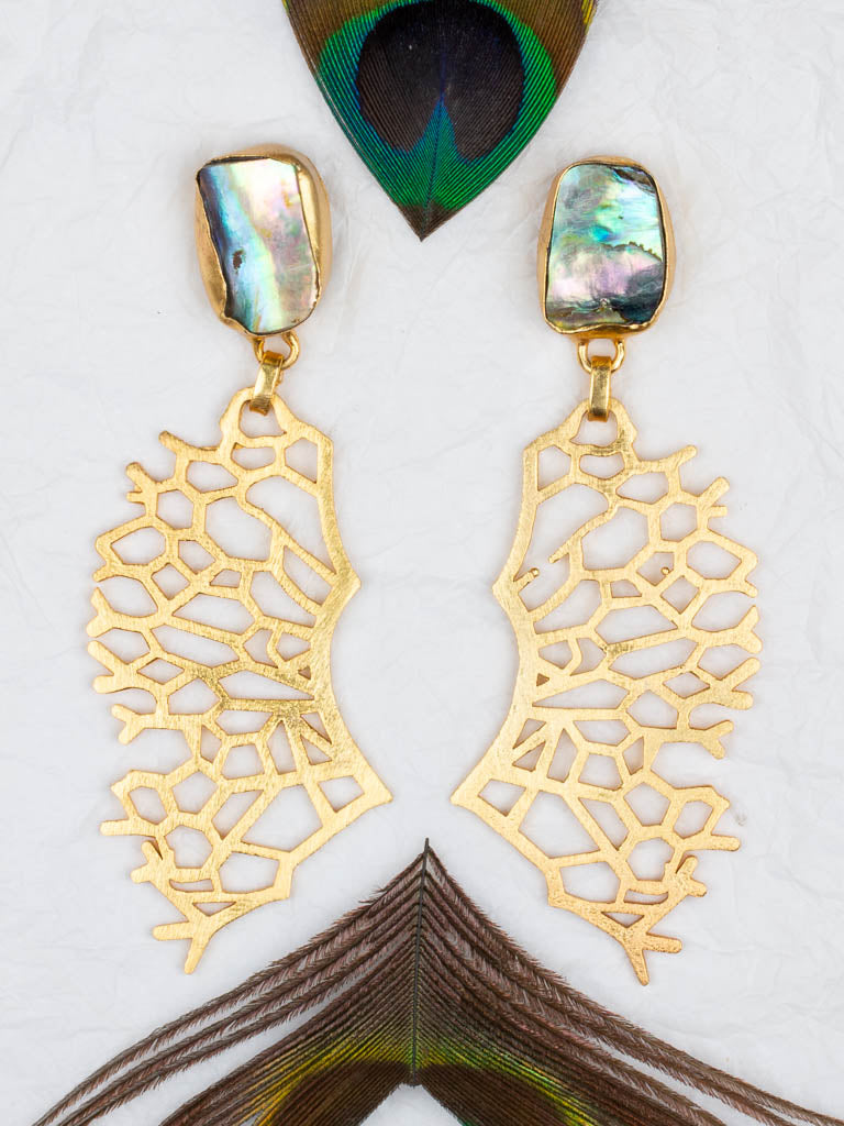 Paua shell and gold coral design earrings with peacock feather