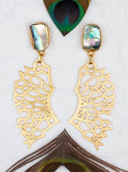 Paua shell and gold coral design earrings with peacock feather