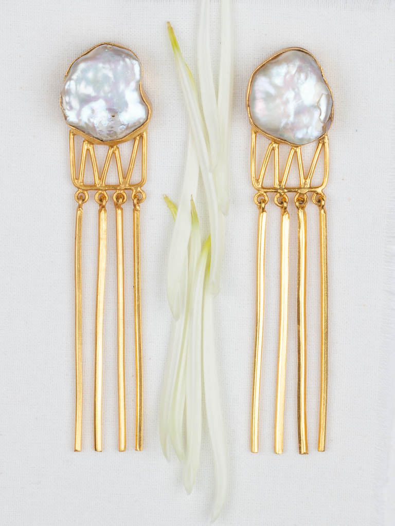 Gold luxe statement earrings with pearl jellyfish with floral design