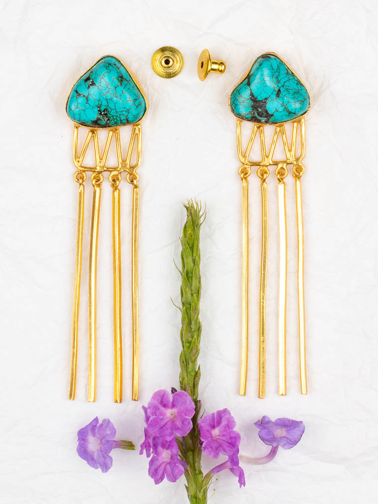 Gold luxe statement earrings with turquoise jellyfish with floral accent