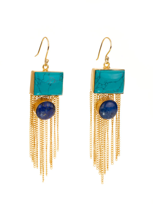 Turquoise, Lapis and Tassels - Gold luxe statement earrings