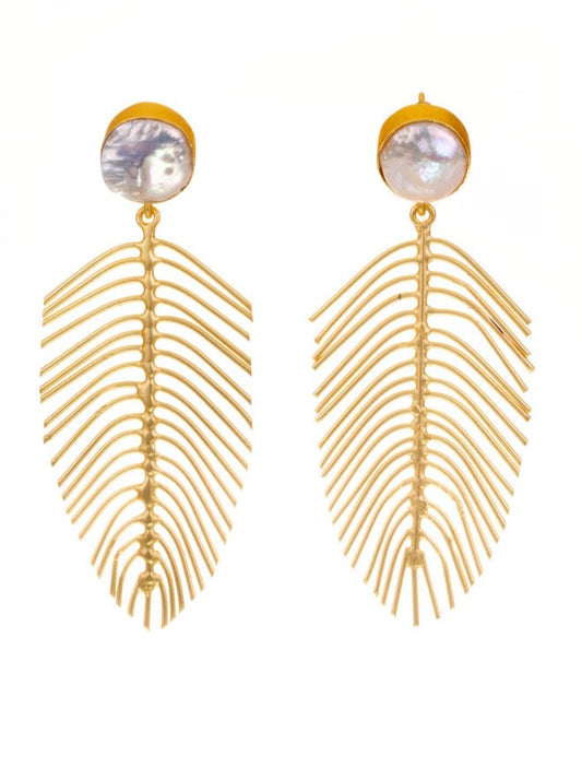 Gold feather earrings with pearl stud