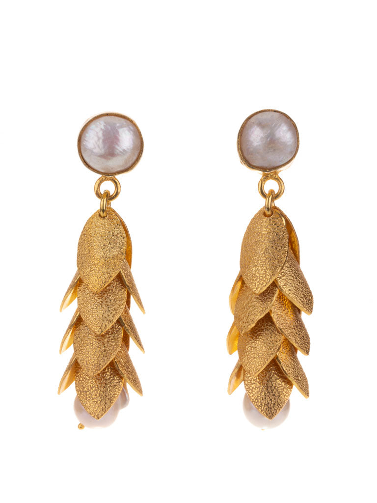 Gold luxe  earrings - delicate layers of petals encase a pearl drop, attached to a pearl stud