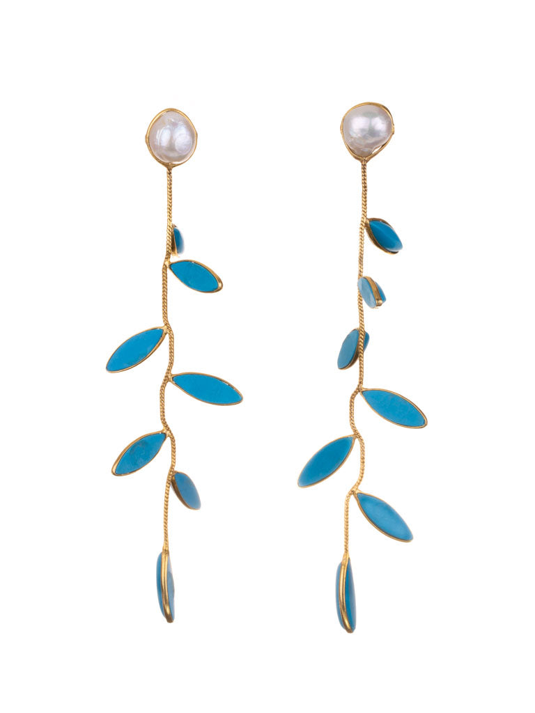Delicate pearl and turquoise ivy drop earrings
