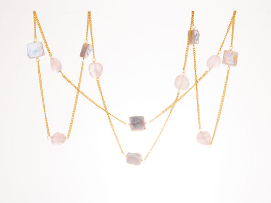 Rose Quarts and gold chain with square mother of pearl beads 