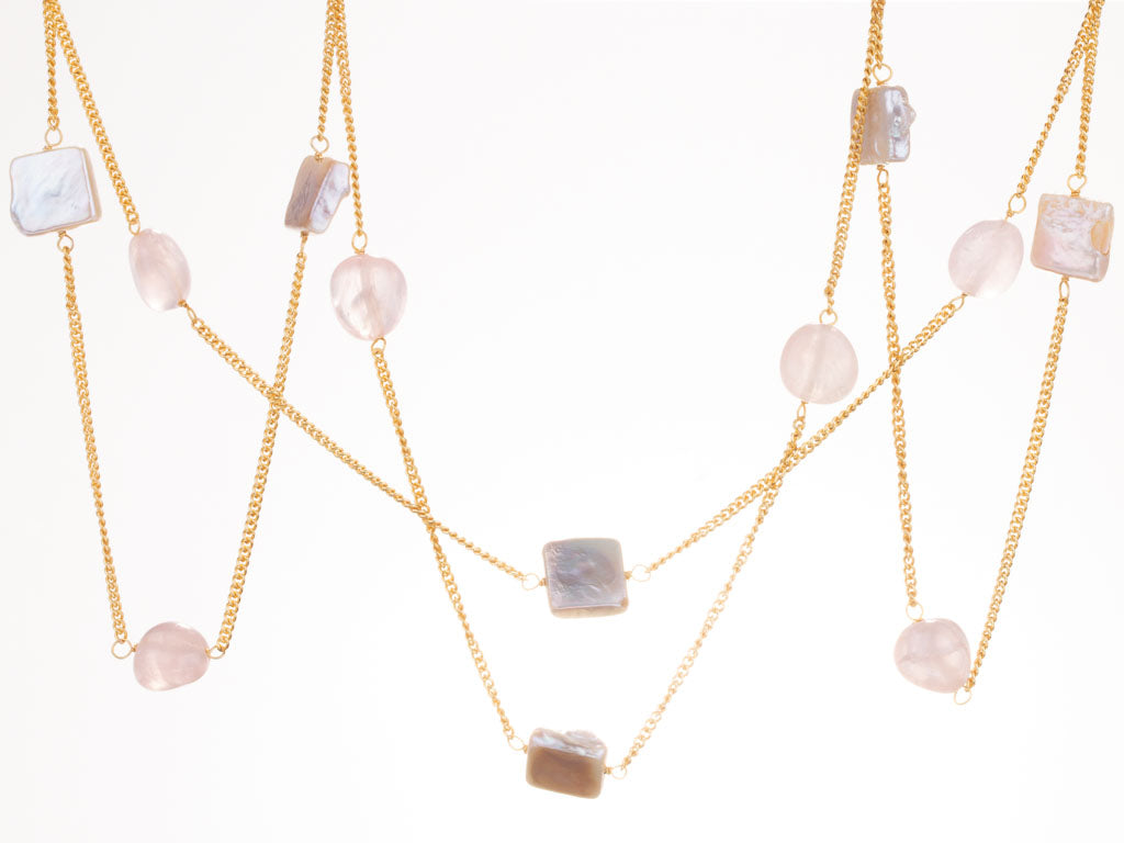 Rose quartz and gold chain with square mother of pearl beads 