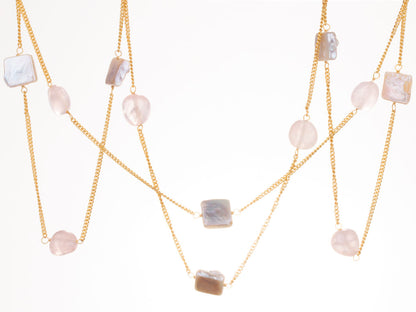 Rose quartz and gold chain with square mother of pearl beads 