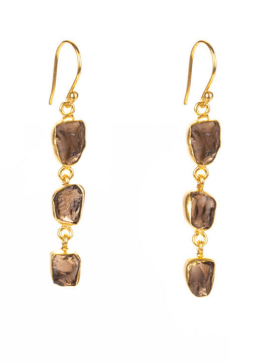 Luxe Gold Earring Triple Drop Smokey Quartz